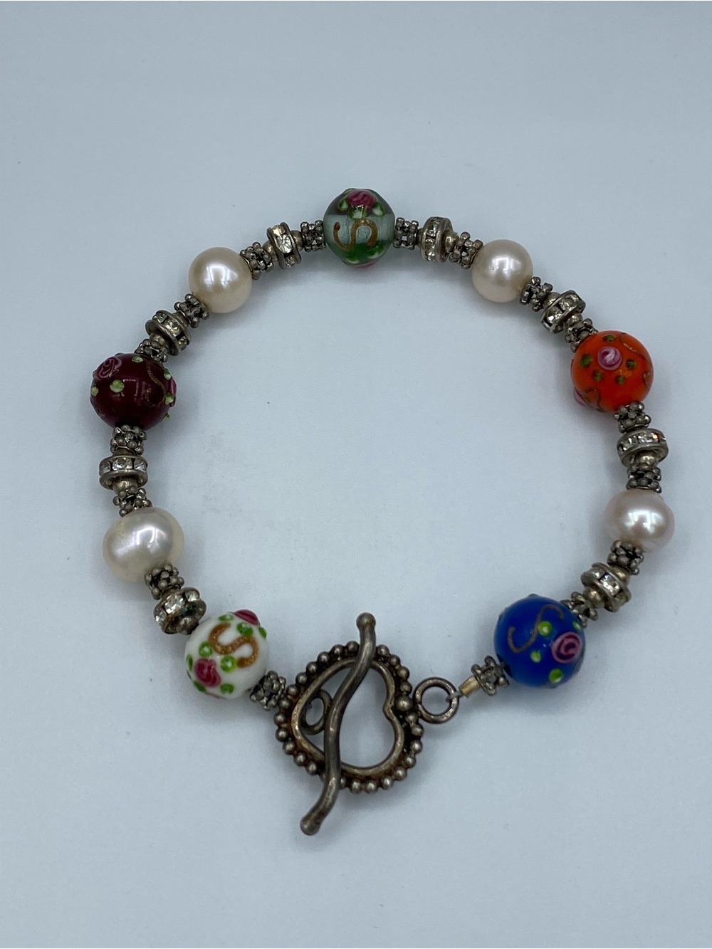 Charming Hand Painted Glass Bead, Pearl, Rhinestone Bracelet With Toggle Clasp